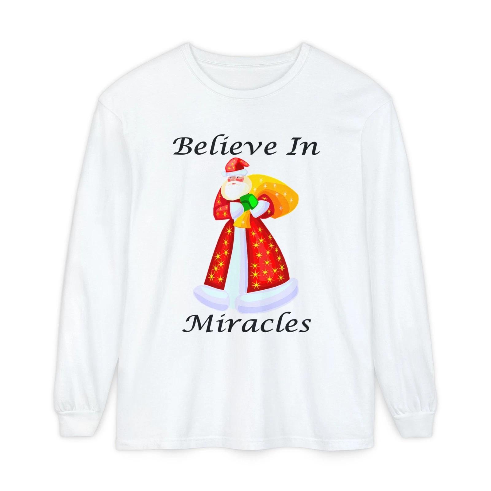 Believe In Miracles Santa Claus Stars Christmas White T-Shirt Long Sleeve Tee M