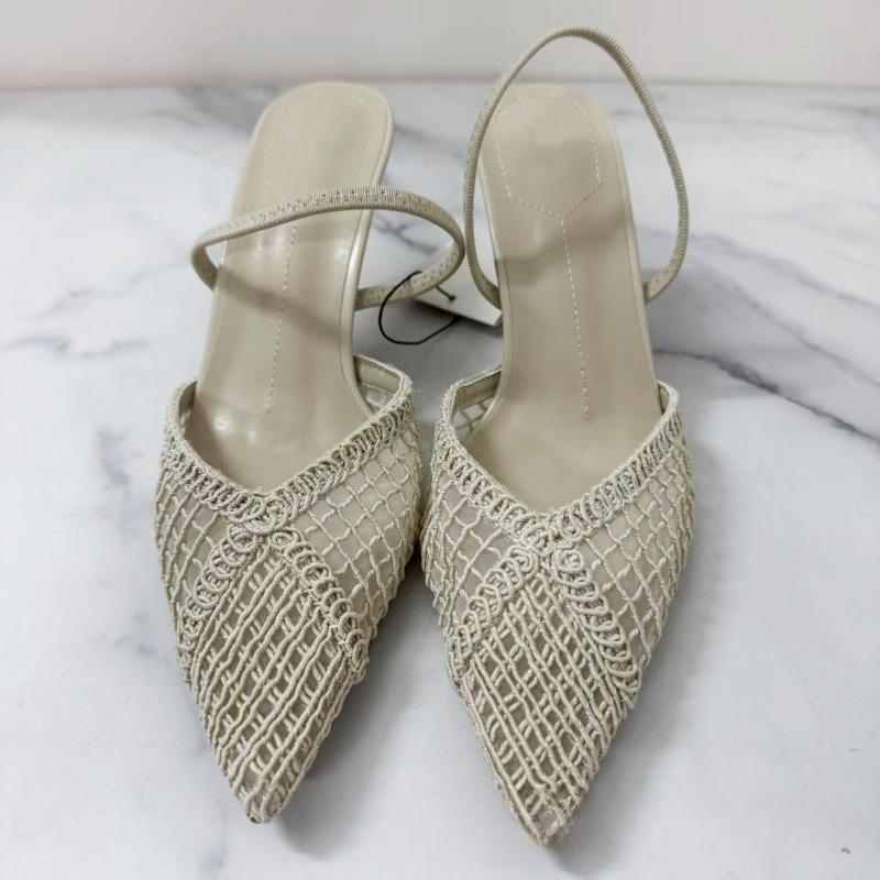 Fashion Pointed Toe High Heels Women Sandals Woven Mesh Design Slingbacks Summer Footwear Breathable Hollow Out Female Dress Shoes