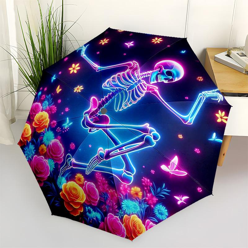 

1pc Dancing Skeleton with Flowers Umbrella with Plastic Handle,Vibrant Cartoon Pattern,Multi-functional UmbrellaB2026