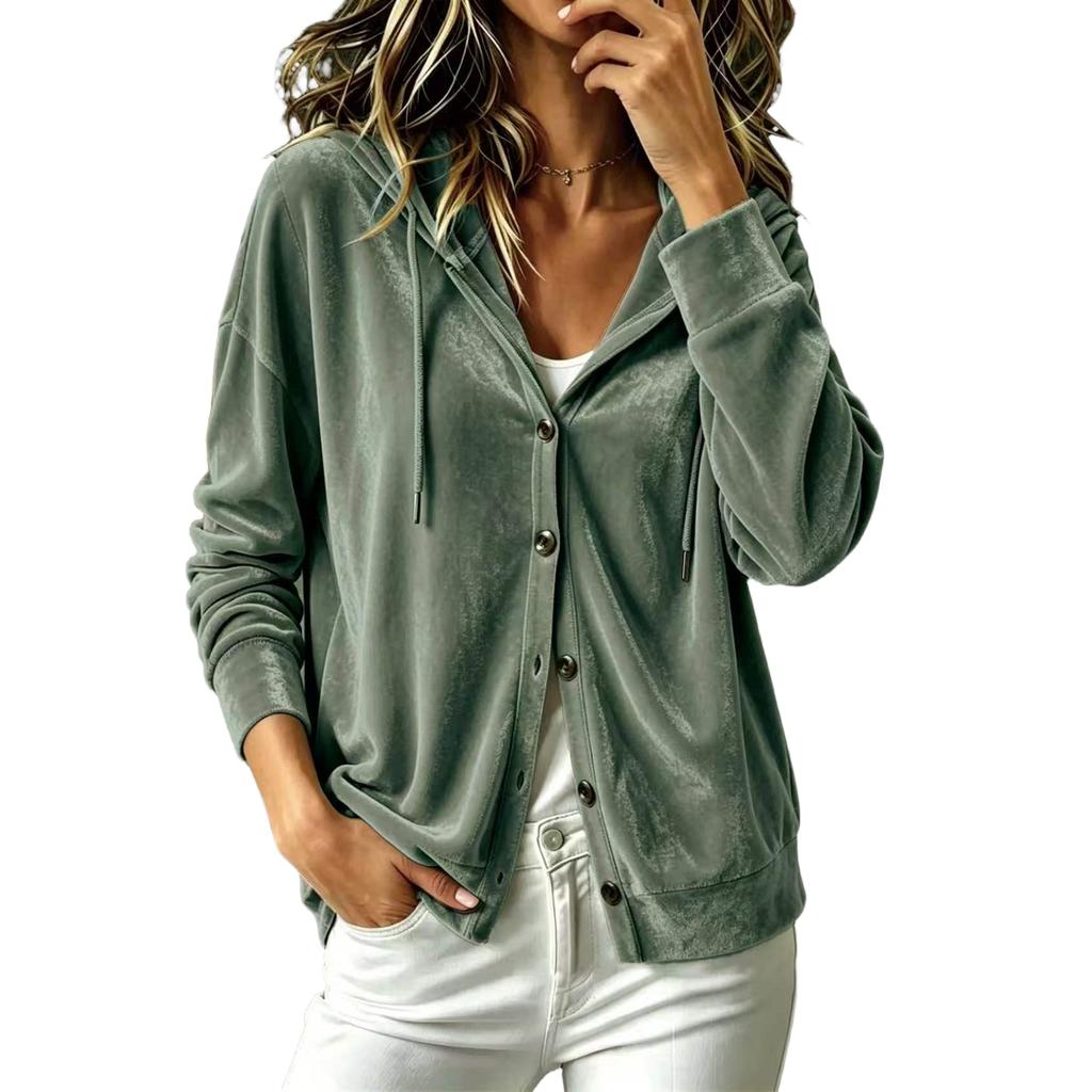 Women's Button Down Hooded Cardigan Long Sleeve Loose Fit Color Casual Top