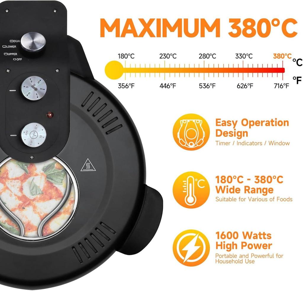 16-inch Pizza Oven, 1600W Countertop Pizza Machine, 420℃ Pizza Oven, Ceramic Stone Pizza Oven with Built-in Thermometer and Timer