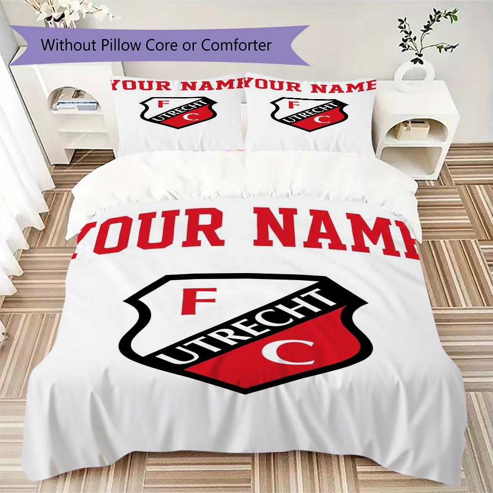 Benutzerdefinierter Name FC Utrecht Muster Bettwäsche Steppdecke Set Steppdecke Bezug Kissenbezug Heimdekoration Geburtstagsgeschenk (1*Bettbezug+2*Kissenbezug ohne Füllung)