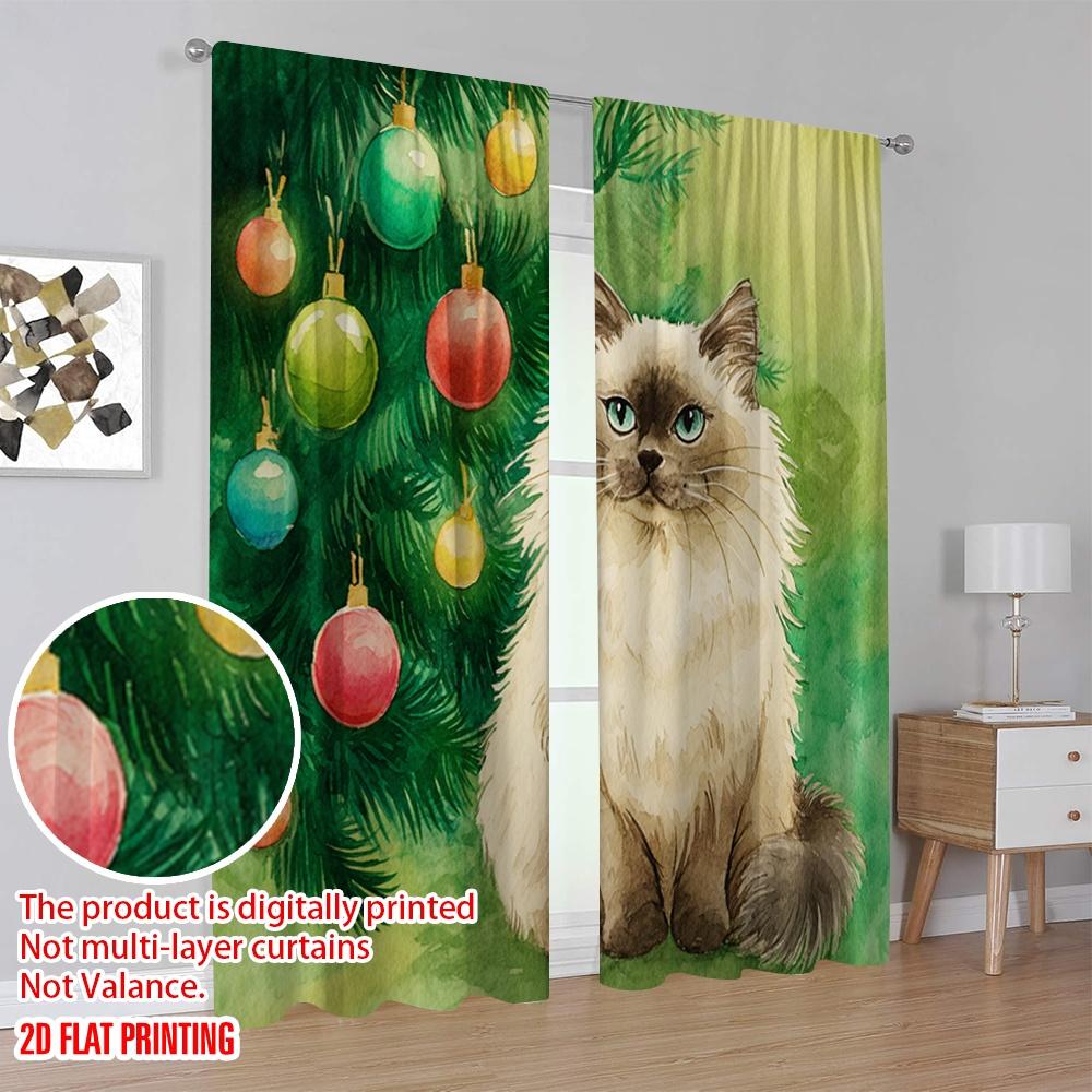 2pcs,2D Plane Printing Window Curtain Longhair Cat by Tree Polyester Fabric (without Rod) Versatile All for Living Room,