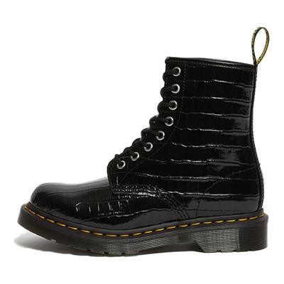 1460 Botas Curtas de Couro de Duas Camadas com Glitter Couro de Crocodilo Bico Redondo Cadarço Botas Femininas Preto 26262001