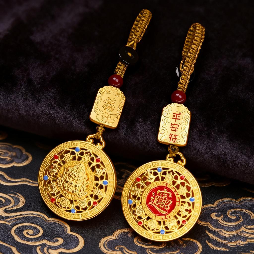 Yellow God of Wealth, Eight Treasures Compass Key Pendant, Handmade Rope, Wealth Attraction Pendant, Chinese Ethnic Style, Metal Accessories, Gifts