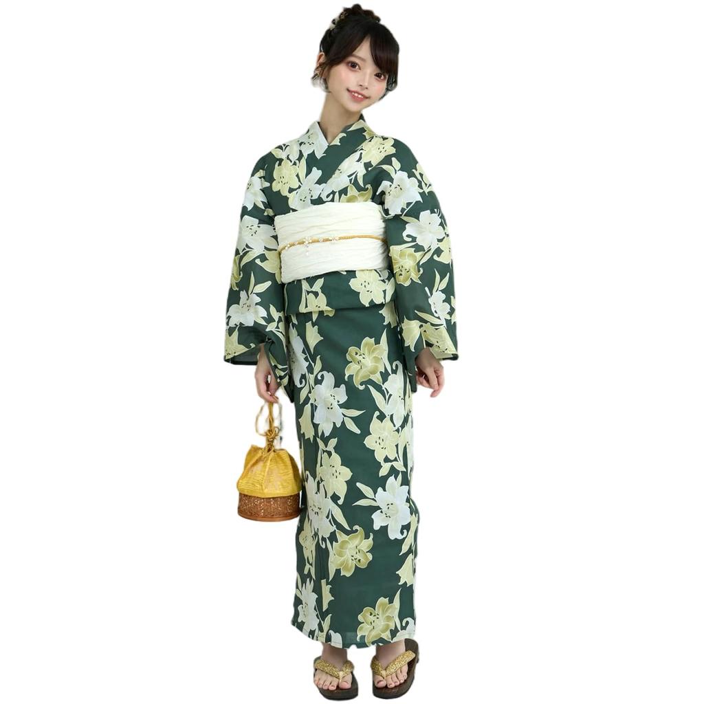 RAVIR Yukata Deep and Elegant Lily Floral Bold Japanese Fluffy Obi and Geta One Size Fits All Women's 3-Piece Set, Design, Style, Belt, Sandals,