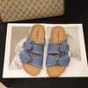 Aphixta Retro Blue Denim Slippers Women Summer Round Toe Shoes Outdoor Flat Heel Slides Metal Buckle Flip Flop