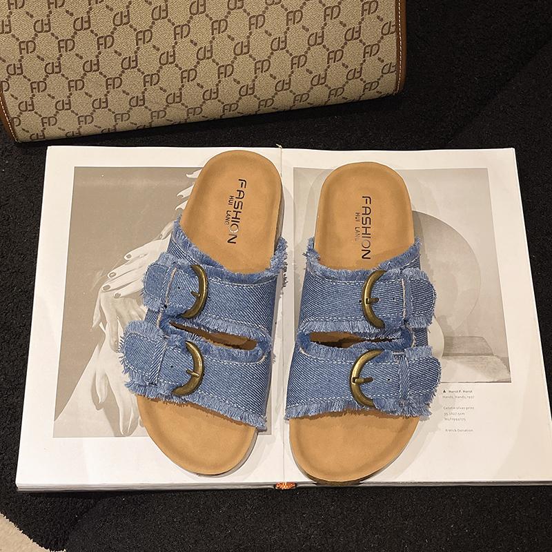 Aphixta Retro Blue Denim Slippers Women Summer Round Toe Shoes Outdoor Flat Heel Slides Metal Buckle Flip Flop