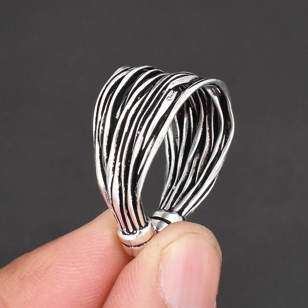 Handmade 925 Sterling Silver Wire Wrapped Band Ring, Adjustable Statement Cuff Ring for Men and Women