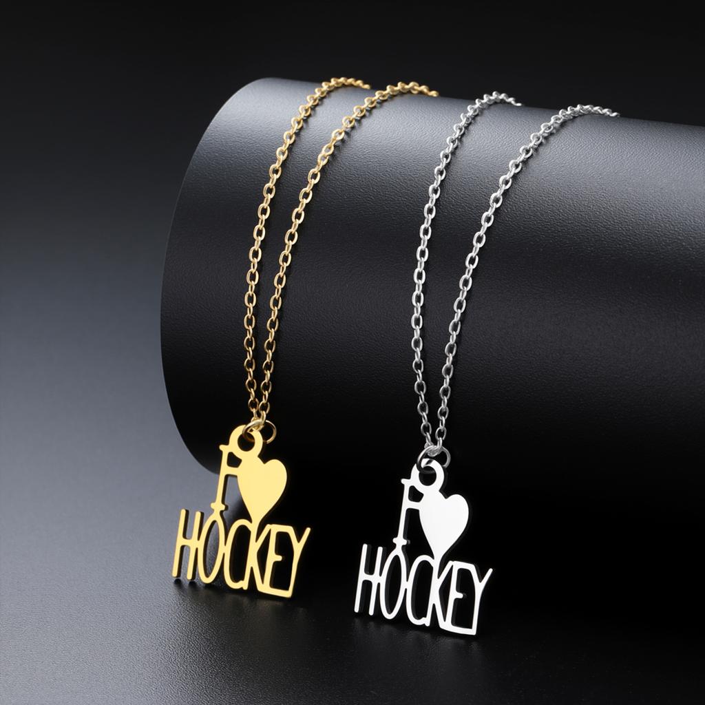 My Shape Fashion Letters I Love Hockey Pendant Necklaces Stainless Steel Heart Charm Chain Choker Jewelry Gifts for Hockey Fans