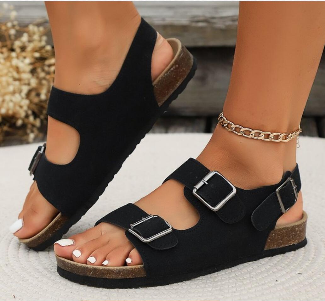 Модные классические ретро пляжные женские сандалии на низком каблуке плоские римские — фото 7