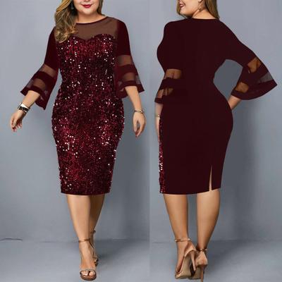 Formal Dress Sequined Net Yarn Plus Size Flare Sleeve Bodycon Dress