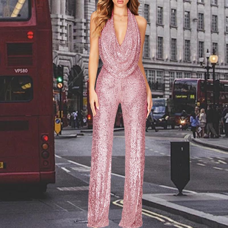 Καλοκαιρινή Ολόσωμη Φόρμα με Παγιέτες Χωρίς Μανίκια με Λαιμόκοψη Χάλτερ για Γυναίκες 2025