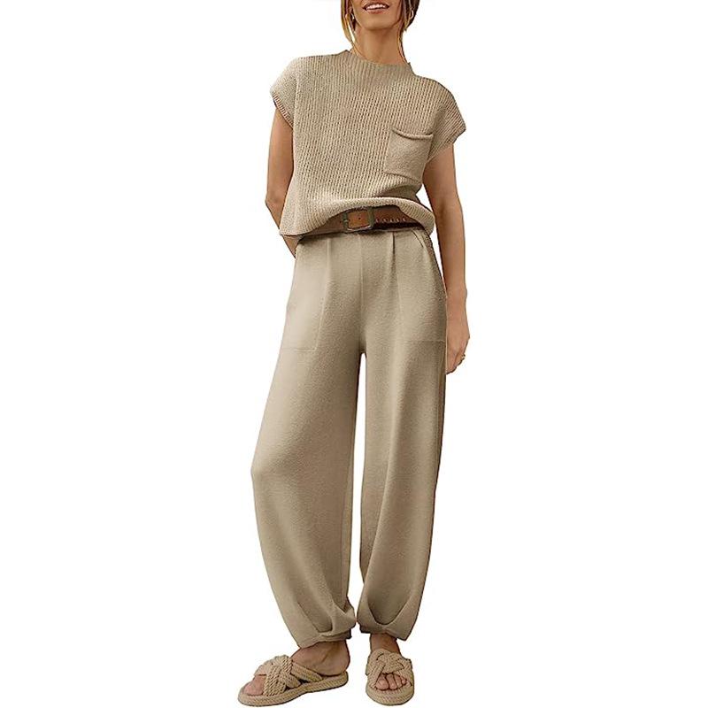 2023 Women's Two-Piece Casual Knit Sweater Set - Short Sleeve, Comfortable Fashion Outfit