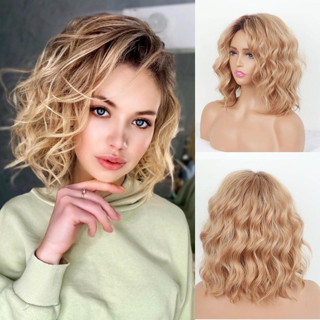 Synthetic Short Wavy Brown Blond Wigs For Women Dark Roots Mid Split Hair Daily Party Costume Heat Resistant Fibre