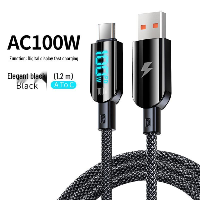 

100W Digital Display Fast Charging Cable for Huawei & Apple 8-14, PD30W Compatible USB-A to USB-C чорний