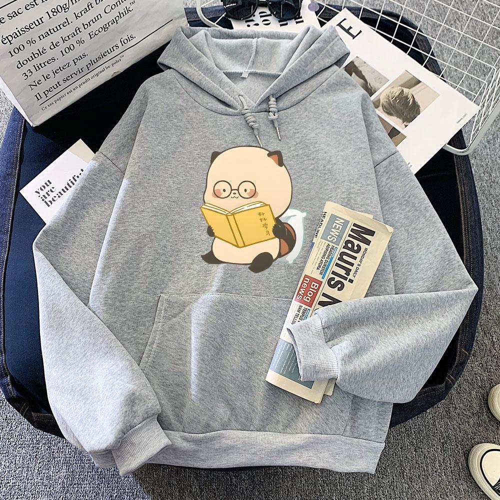 Raccoon Reading Graphic Hoodies Women/Men Casual Long  Sleeve Sweatshirts Winter Fleece Comfortable Hooded Tops