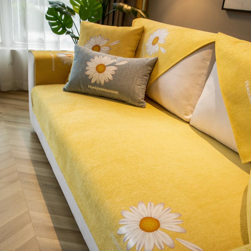 Nordisches Sofa-Handtuch Vier Jahreszeiten Chrysanthemen-Druck Sofa-Kissen Chenille Rutschfest Leder Sofasea Bezug Tuch für Wohnzimmer