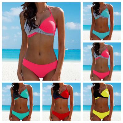 2Pcs/Set Split Bikini Color Block Halter Sexy Sleeveless Slim Swimwear