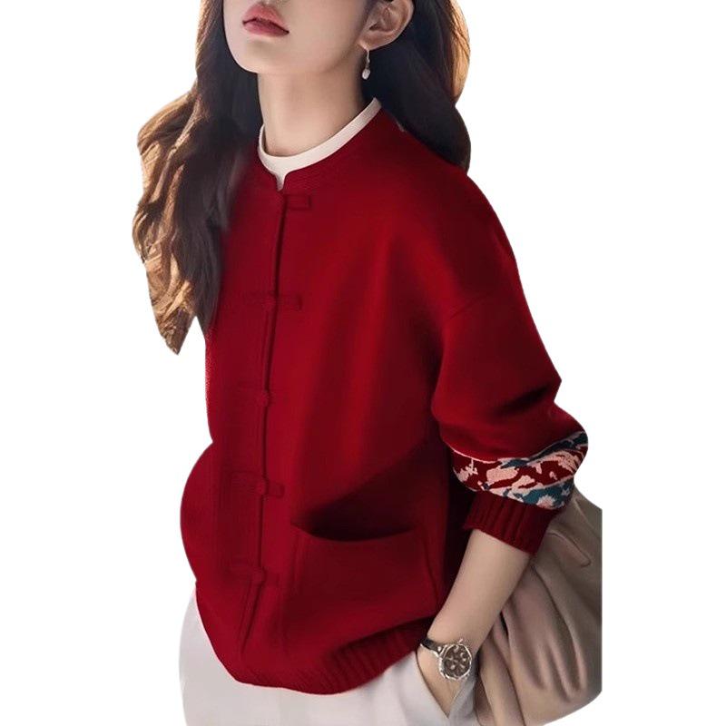 New Chinese Style Red Knit Sweater for Women - National Fashion Autumn/Winter 2025