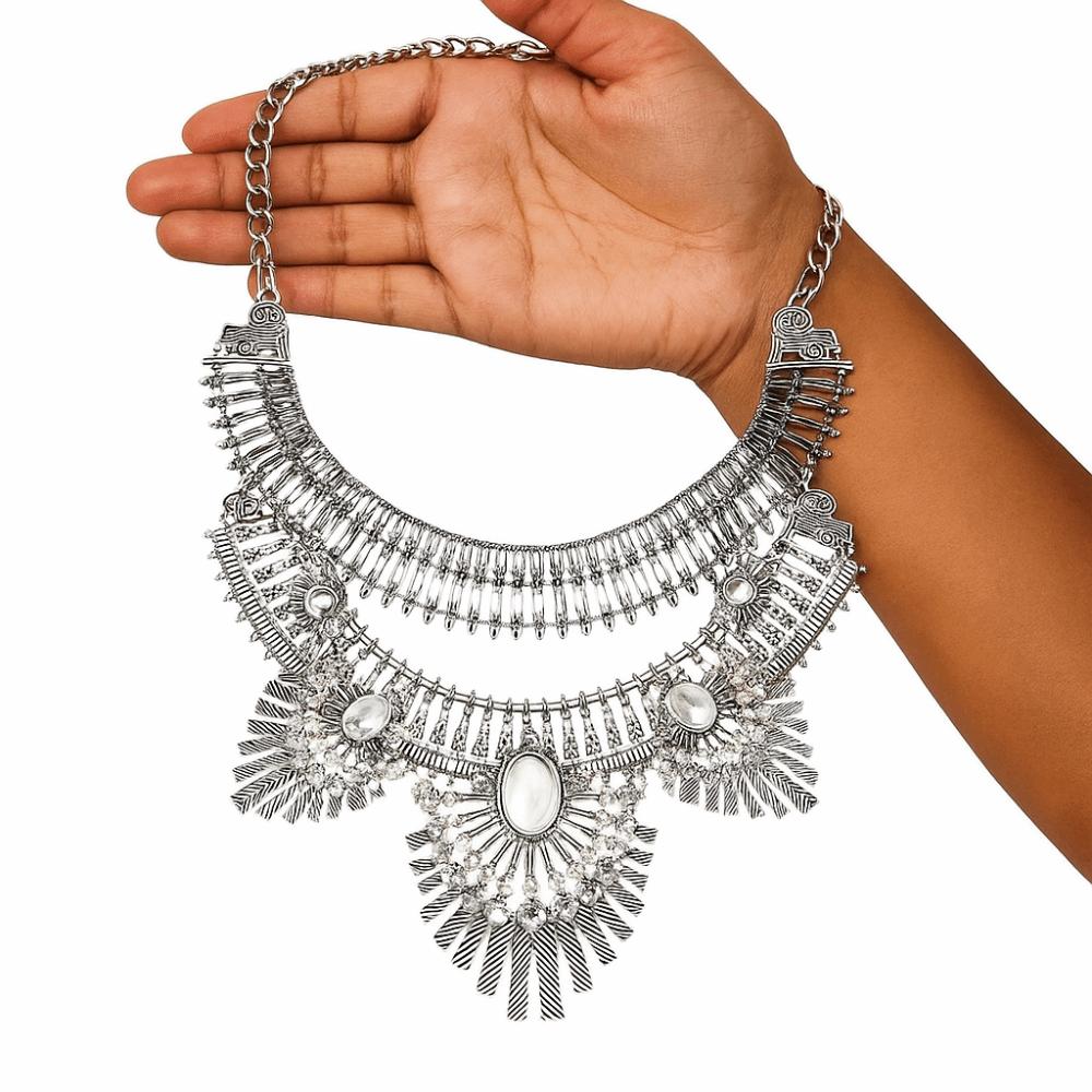 Exquisite Rhinestone Exaggerated Necklace Tassel Bohemian Style Necklace  Festival