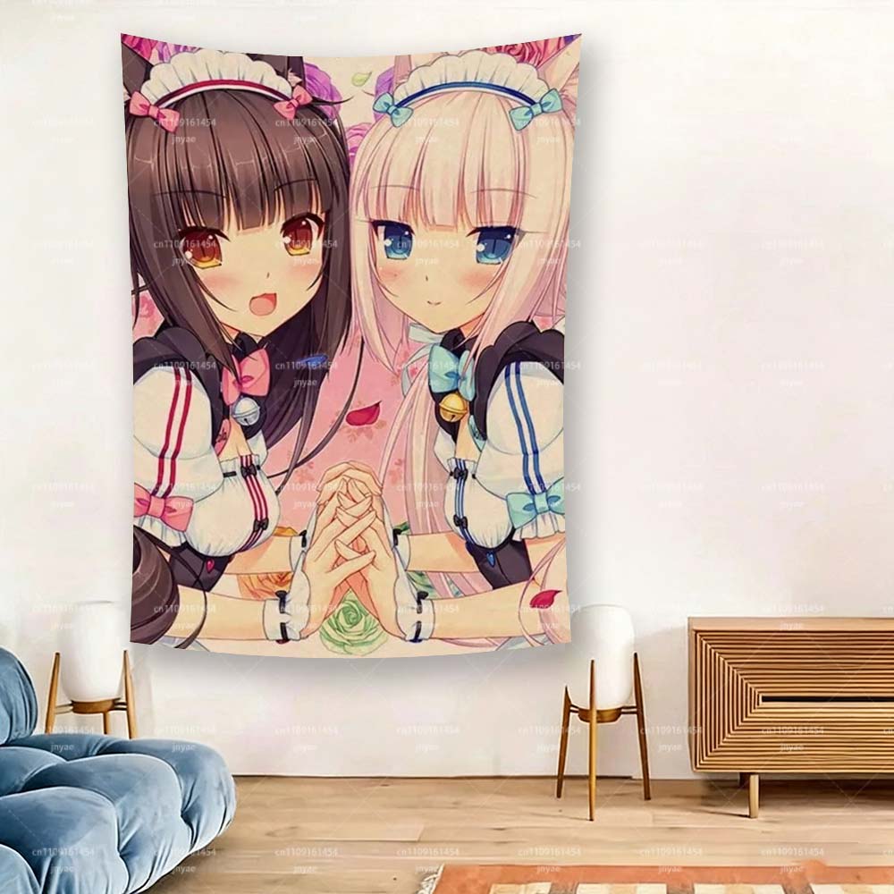 Nekopara Chocola & Vanilla Tapestry, Anime Cat Maid Girls Wall Hanging, Pink Floral Kawaii Bedroom & Dorm Decor, Soft Fabric