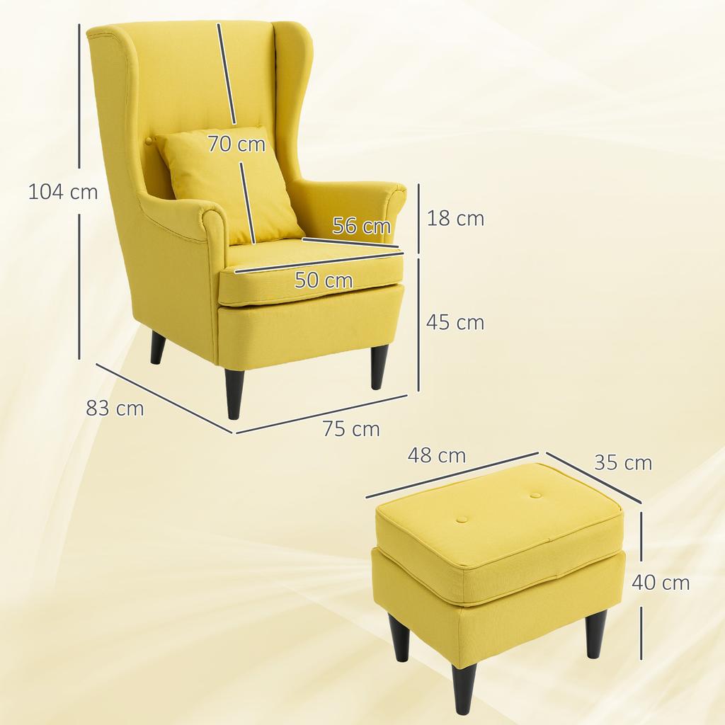 Wingback Chair with Footstool, Upholstered Armchair with Rubberwood Legs, Fabric Cover, Yellow