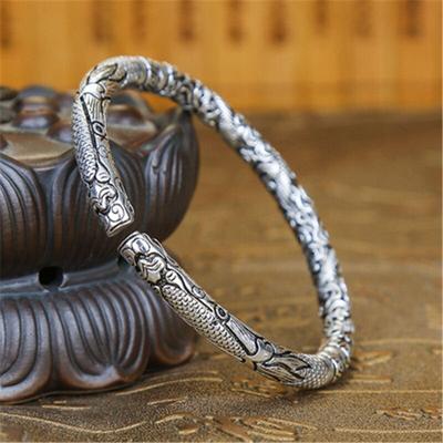 New S925 Pure Silver Women's Bracelet, National Style Retro Solid Men's Open Bracelet, Lovers Personalized Silver Jewelry Gift
