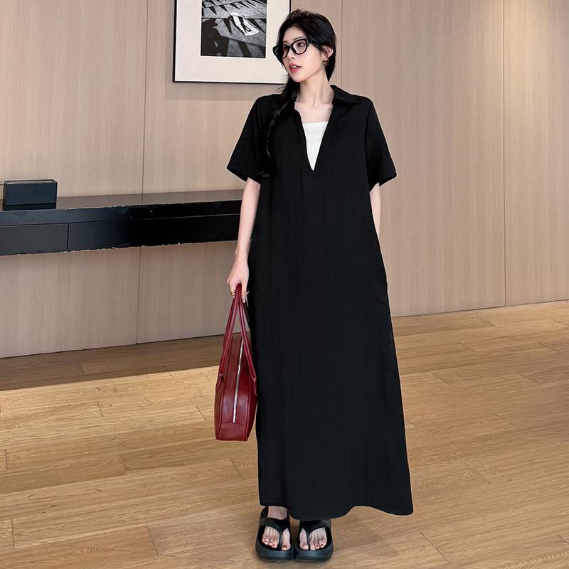 DIMANAF 2026 Plus Size New Black Dress Summer Women Shirt Dress Loose Beach Casual Long Dresses V-Neck Elegant