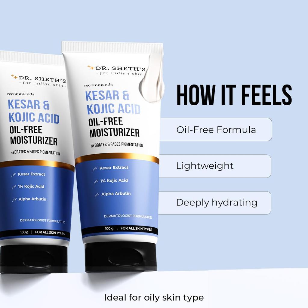 Dr. Sheth's Kesar & Kojic Acid Oil-Free Moisturizer 100 g Pack | Lightweight Gel Cream for Pigmentation & Glowing Skin