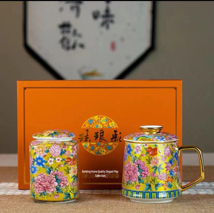 Gilt Cloisonné Enamel Women's Ceramic Mug with Tea Infuser and Square Canister