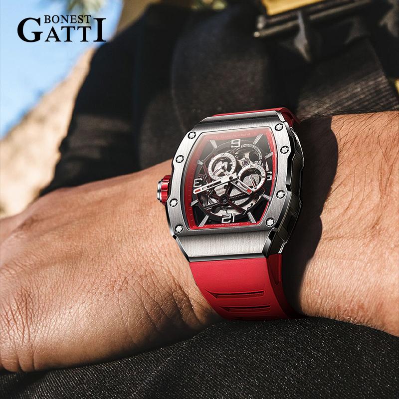 BONEST GATTI Men's Watch Qixi Festival Gift for Boyfriend German Automatic Skeleton Mechanical Luminous Tonneau Watch
