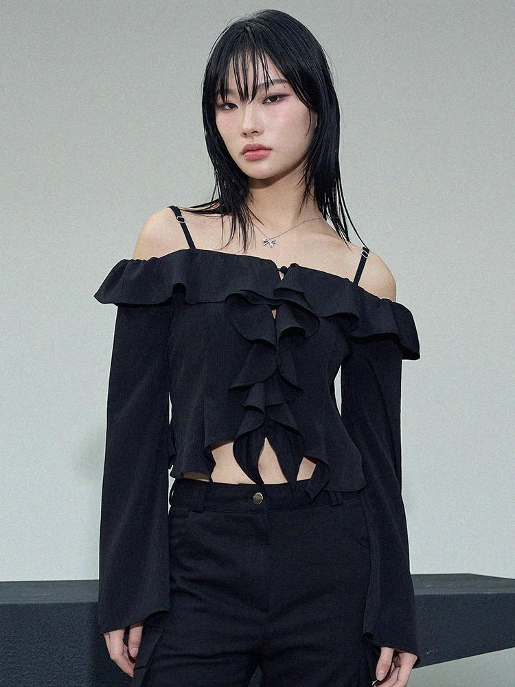 Itove Seoul Off-Shoulder Frill Blouse Bk M/Bk