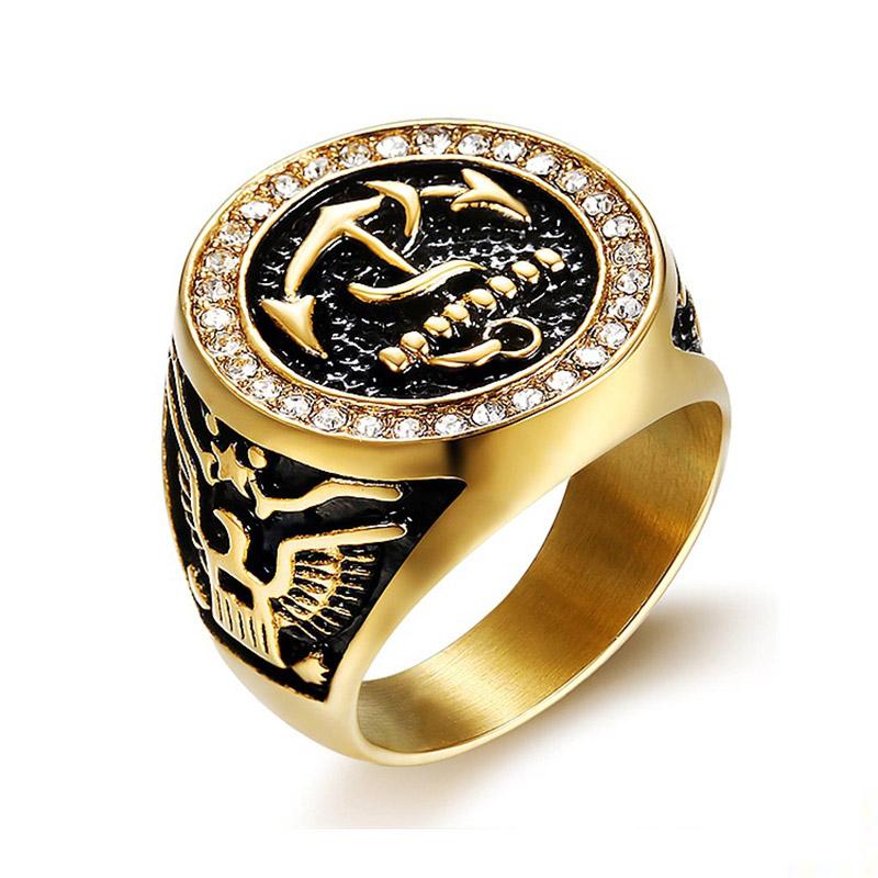 

Hip Hop Zircon CZ Pave US Navy Anchor Ring Chunky Gold Color Titanium Stainless Steel Round Rings for Men Jewelry Size 8-15 8