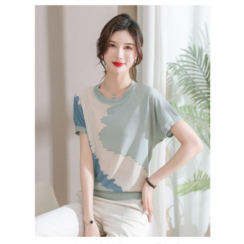 Women Summer New Ice Silk Round Neck Short Sleeve T Shirt Elegant Loose Thin Knit Top