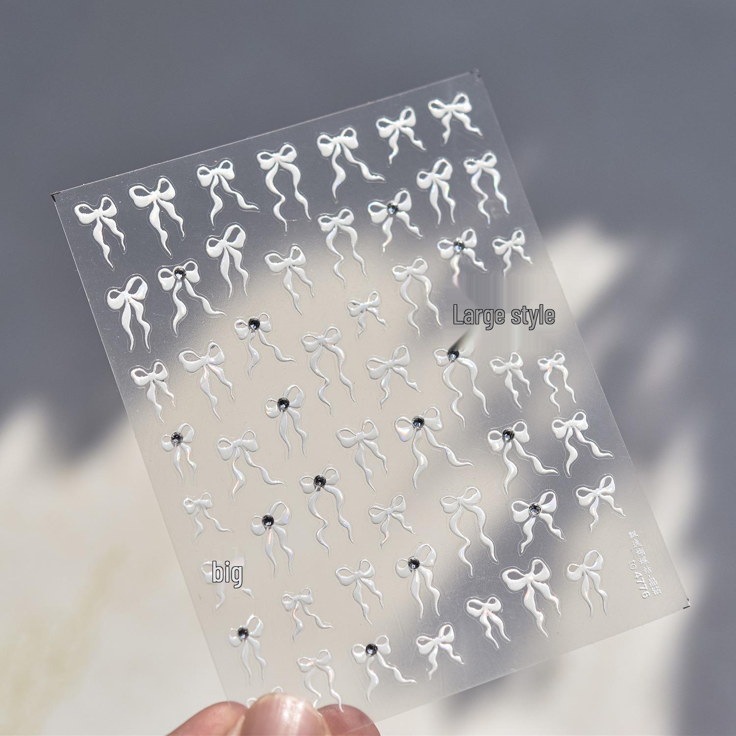 3D Crystal Pearl Bow Nail Stickers - Embossed Black & White Ribbon Decals