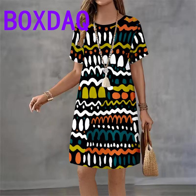 Gradient striped Pattern For Ladies Dress Vintage Short Sleeve O-Neck Loose Casual A-Line Dress Summer 3D Print Women Sundress
