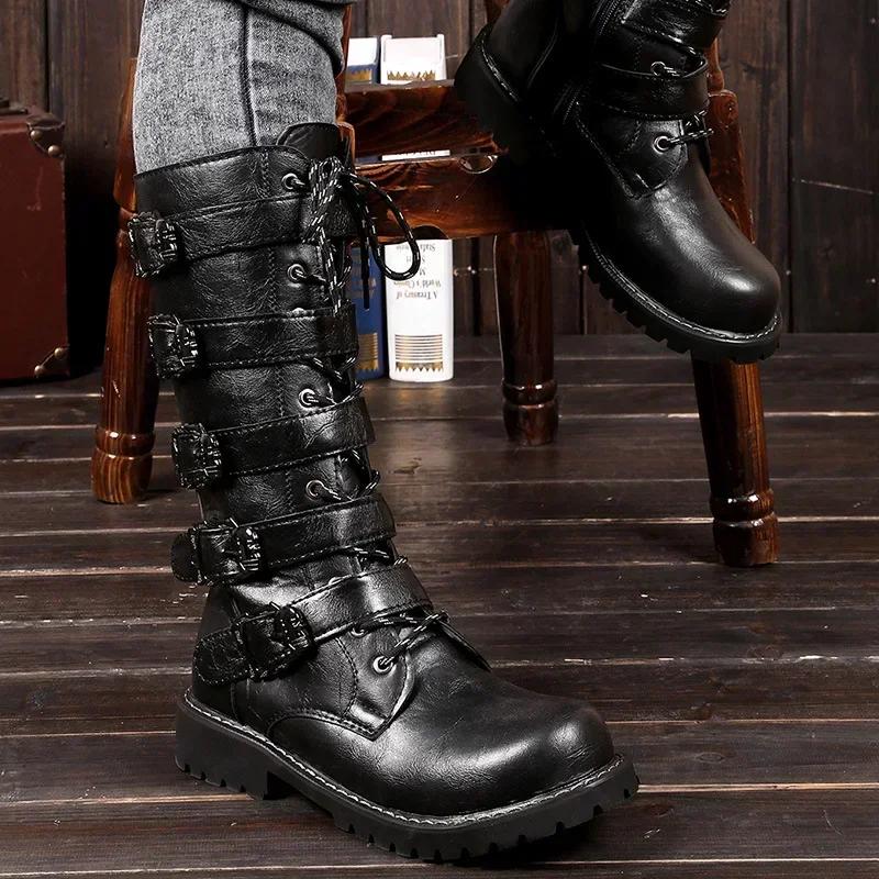 Fashion Large Size Men's Leather Motorcycle Boots Mid-calf  Combat Boots Gothic Belt Punk Boots Men Shoes Tactical Boot 2025