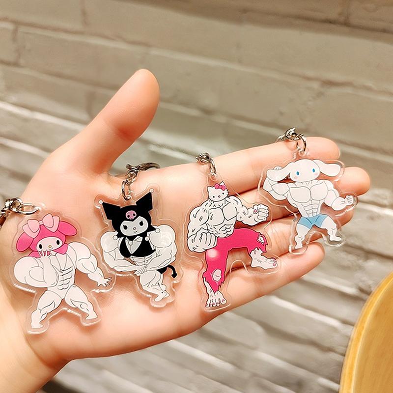Funny Muscle Keychain Anime Hello Kittys Kawaii Girls Keychain Fitness Macho My Melodys Backpack Couple Pendant Toy Gift