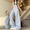Summer Blue Striped Bowknot Embroidered Casual Pants - Design-Forward Button-Trim Loose Lightweight Wide-Leg Trousers