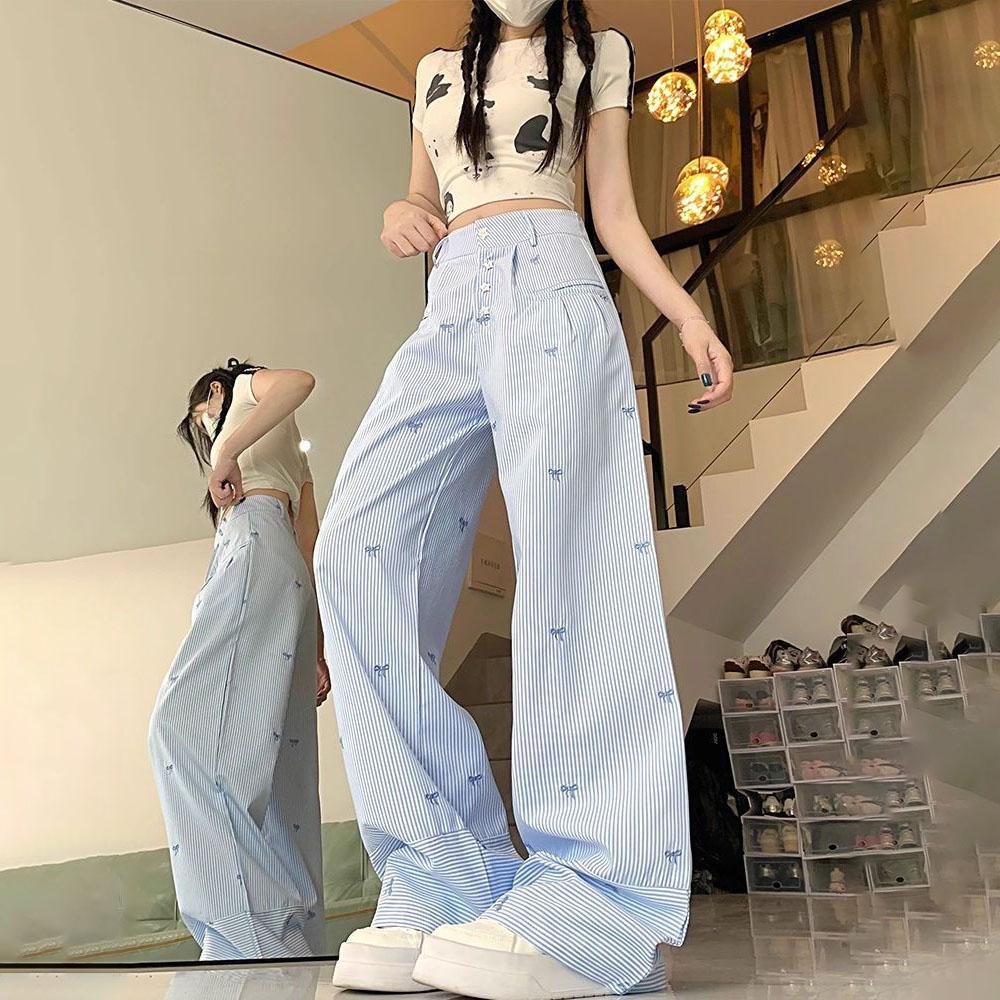 Summer Blue Striped Bowknot Embroidered Casual Pants - Design-Forward Button-Trim Loose Lightweight Wide-Leg Trousers