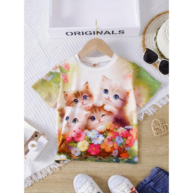 New Children's T-Shirt With Cute Cat Print Pattern Summer Girls Breathable Kids Short-Sleeved High-Quality Top Birthday gift
