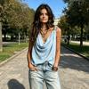 Women Vest V-Neck Sleeveless Loose Fit Camisole with Pleated Front Asymmetrical Collar Metallic Detail