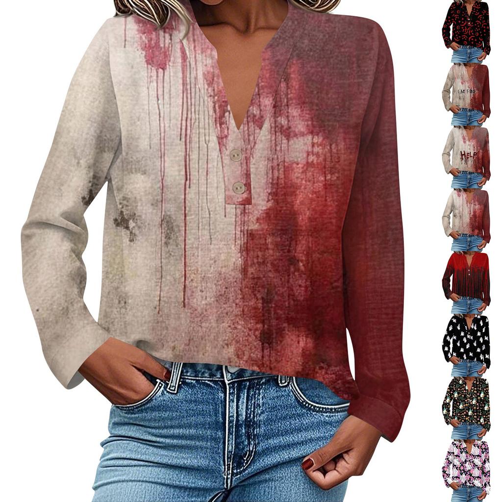 Damen Modisches Und Lässiges Hemd Langarm V-Ausschnitt Knopf Bedruckte Bluse Top