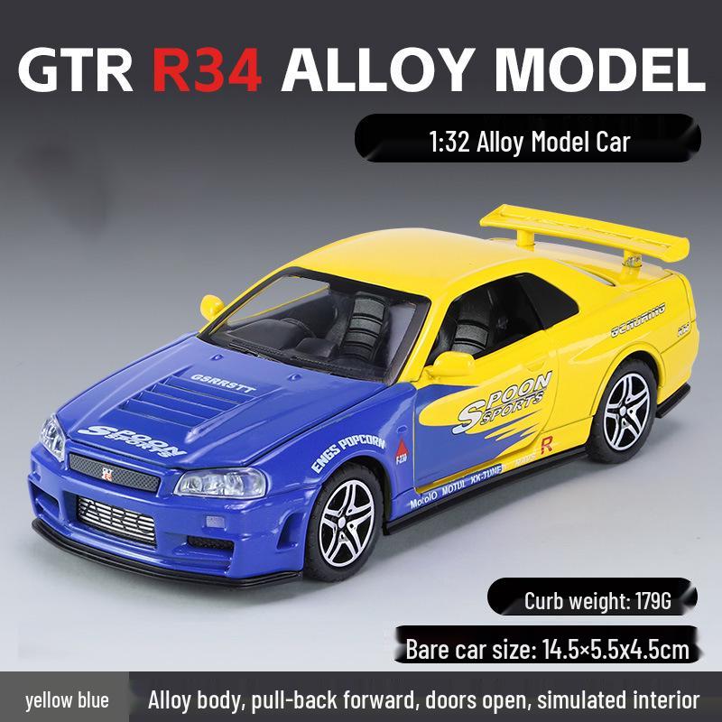 1:32 GTR R34 Low-Rider Sports Car Model with Opening Doors, Four-Wheel Suspension, Alloy Build, Sound and Light, Pull-Back Simulation
