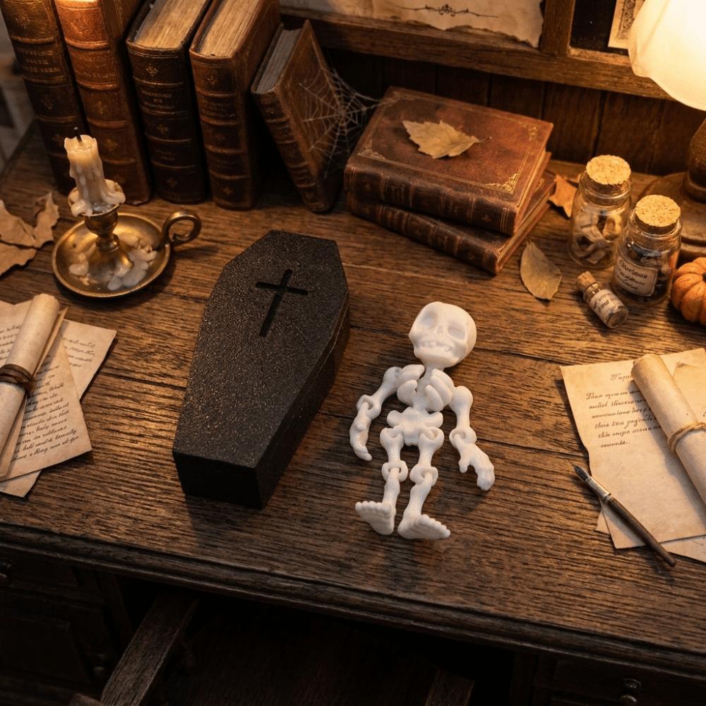 Removable Articulated Skeleton 3D-Printed Halloween Mini Coffin Box Office