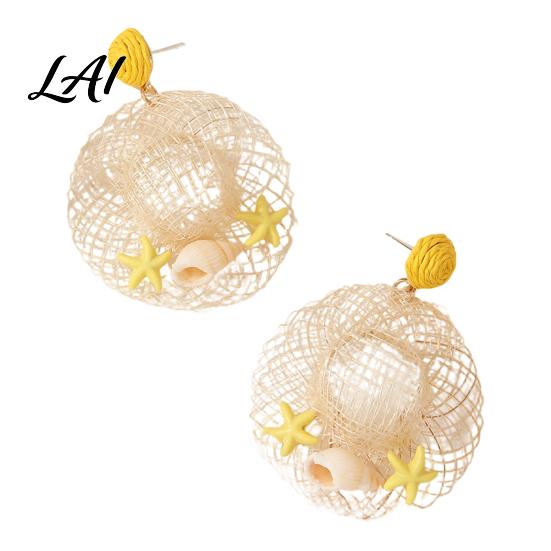 Woven Raffia Earrings 1 Pair Statement for Women Straw Hat Dangle Drop Beach Themed Earrings Boho Shell Starfish Rattan Bohemian Summer Vacation