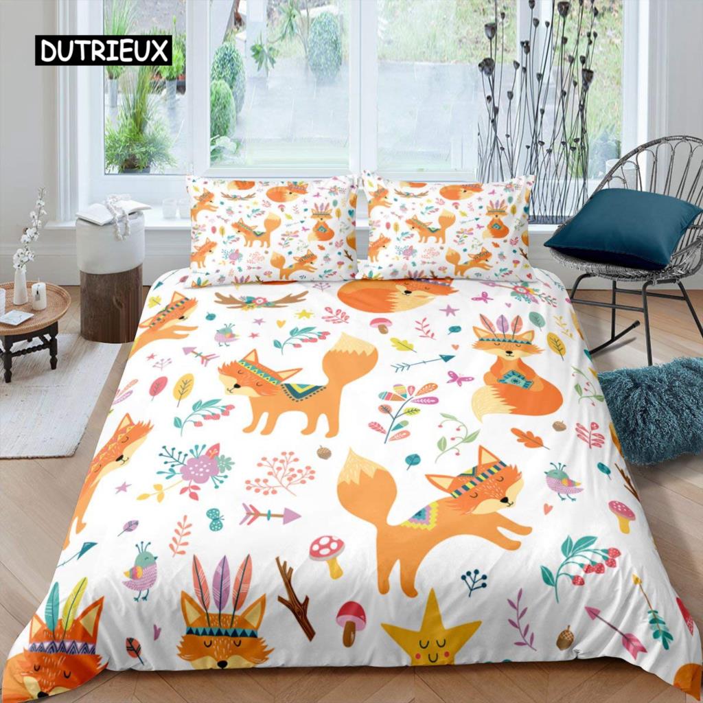 Fox Duvet Cover Set Girls Cartoon Fox Bedding Set Lovely Animal Theme Comforter Cover for Kids Teens King Polyester Quilt Cover