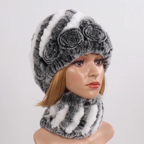 New Good Elastic Lady Winter Rex Rabbit Fur Hats Scarves Knitted Women Natural Fur Caps Scarves Sets 2 Pieces Hats Mufflers