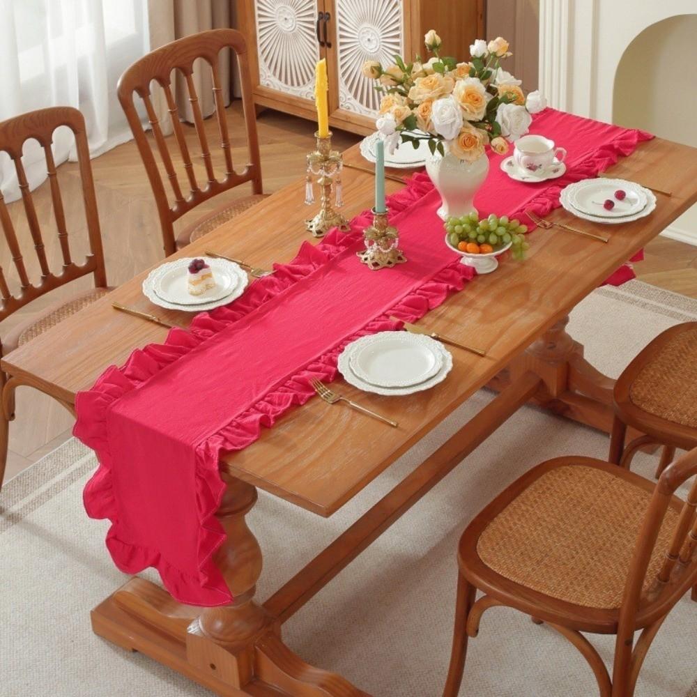 Solid Color Ruffled Edge Table Runner Rustic Style Tables Cover Dinning Table Runner  Kitchen Decor